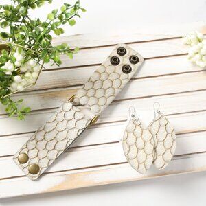 Keva Scalloped in Taupe and Cream Leather Earrings and Cuff Bracelet - NWOT